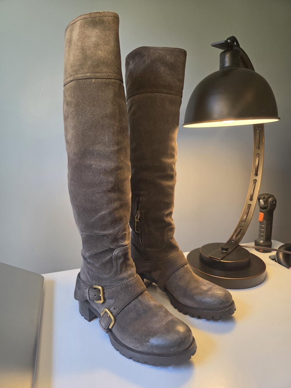 AUTHENTIC Prada Brown Gray  Nubuck Leather Riding Boots Sz 36